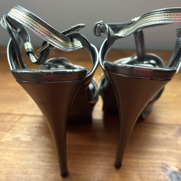 Yves Saint Laurent | Leather Metallic Silver and Gold Tribute Platform Sandals - Picture 12 of 15